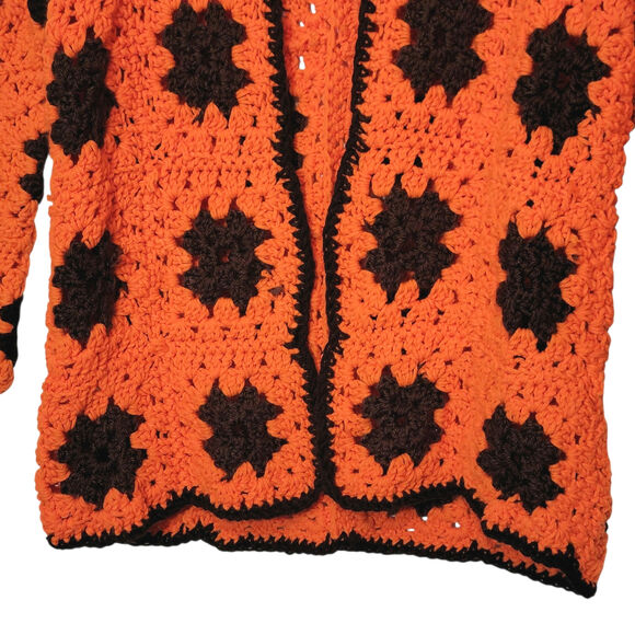 Crochet Flower Cardigan Retro Y2K Boho Sweater Orange Brown 70s Medium Large - Picture 5 of 12